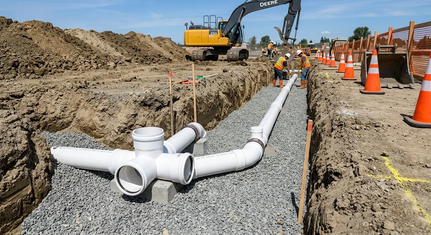 New PVC sewer pipe installation in open trench for Sewer Backup in Nicholasville
