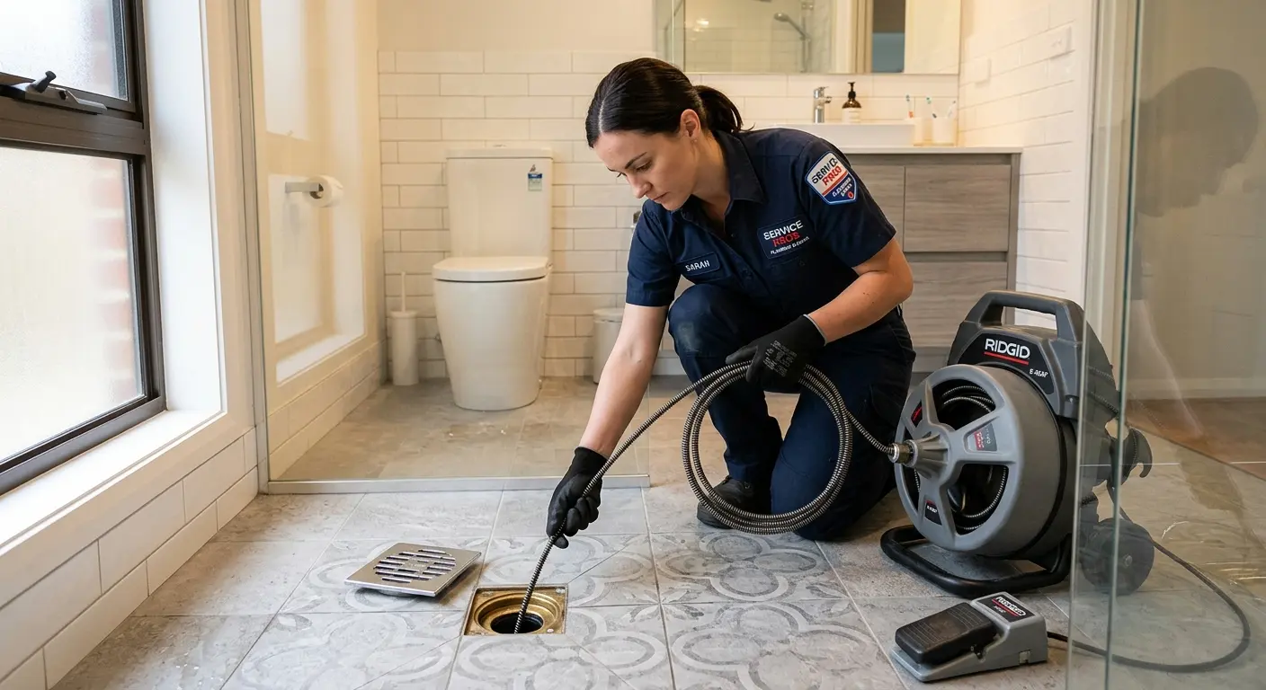 Technician clearing a bathroom floor drain for Drain Repair in Nicholasville